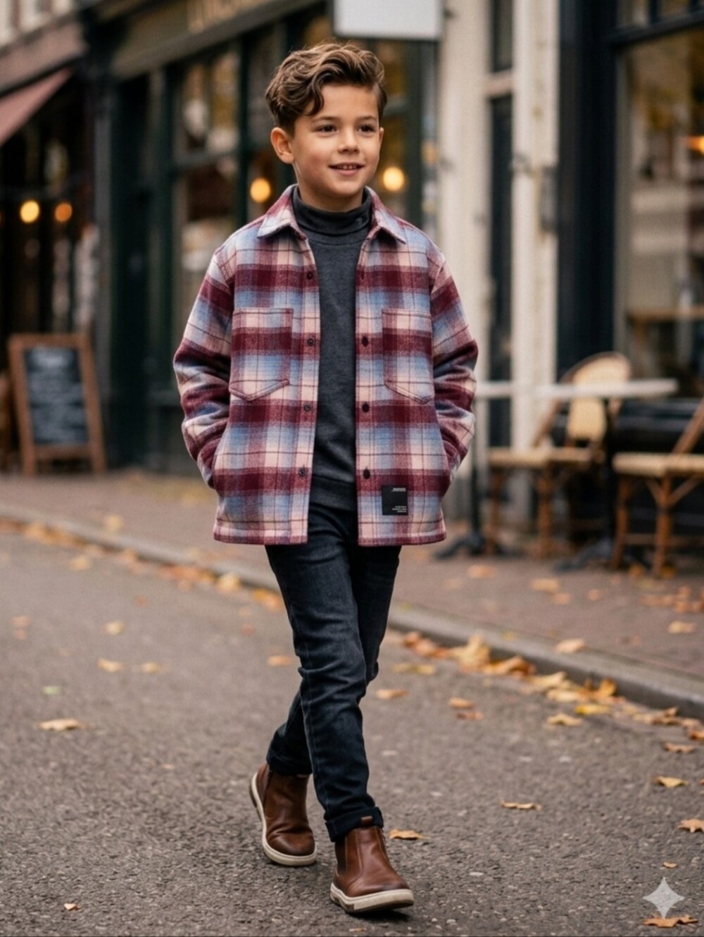Zara Boys Plaid Shirt Jacket in Burgundy, Light Blue & Cream